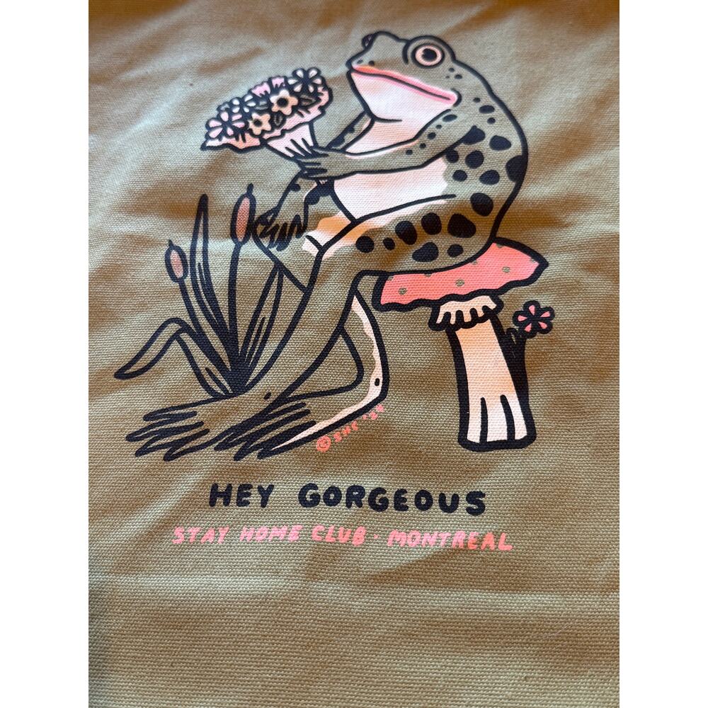 Stay Home Club Hey Gorgeous Frog Tote Bag Mustard Yellow Canvas Montreal - Picture 2 of 11